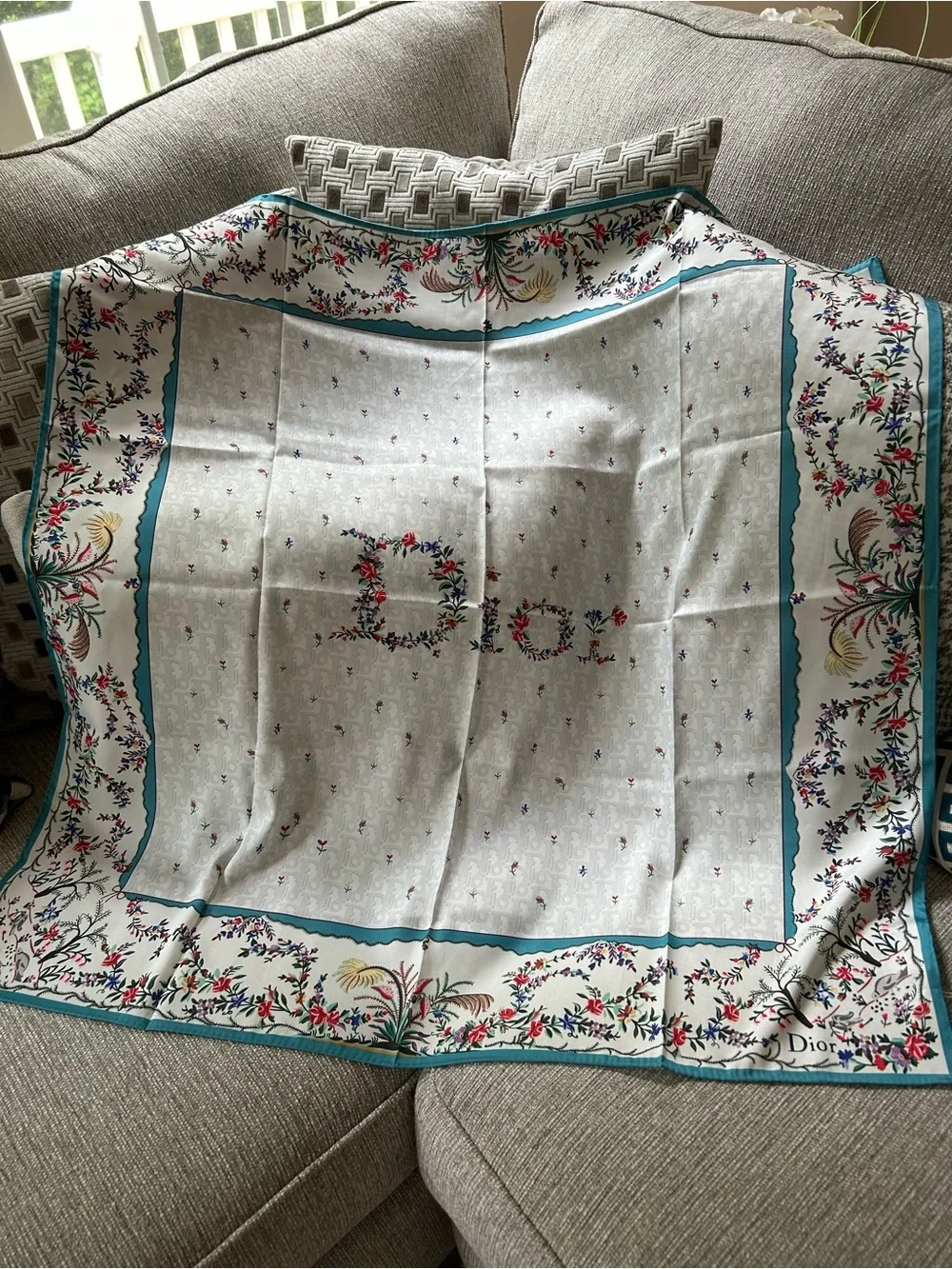 Dior Cream Silk Scarf with Teal Border and Floral Motifs